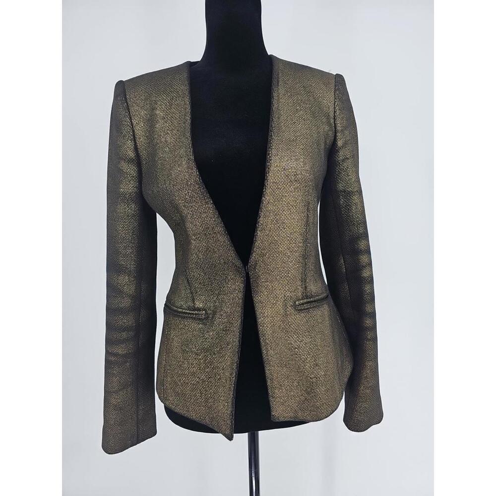 Cache Women's Blazer 2 Jacket Olive Gold Metallic Textured Woven Career